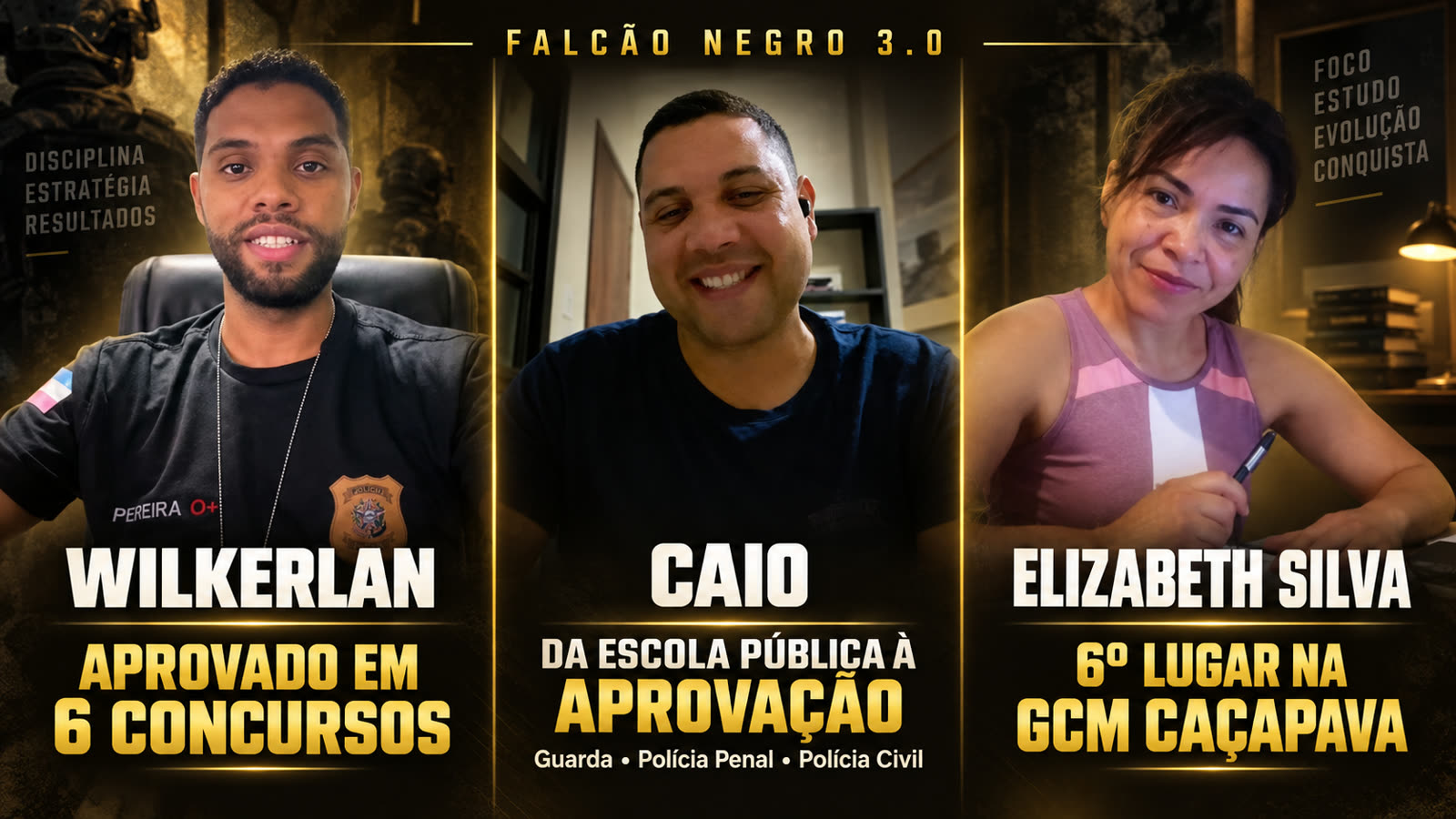 Wilkerlan aprovado em 6 concursos, Caio da escola pública à aprovação e Elizabeth Silva em 6º lugar na GCM Caçapava