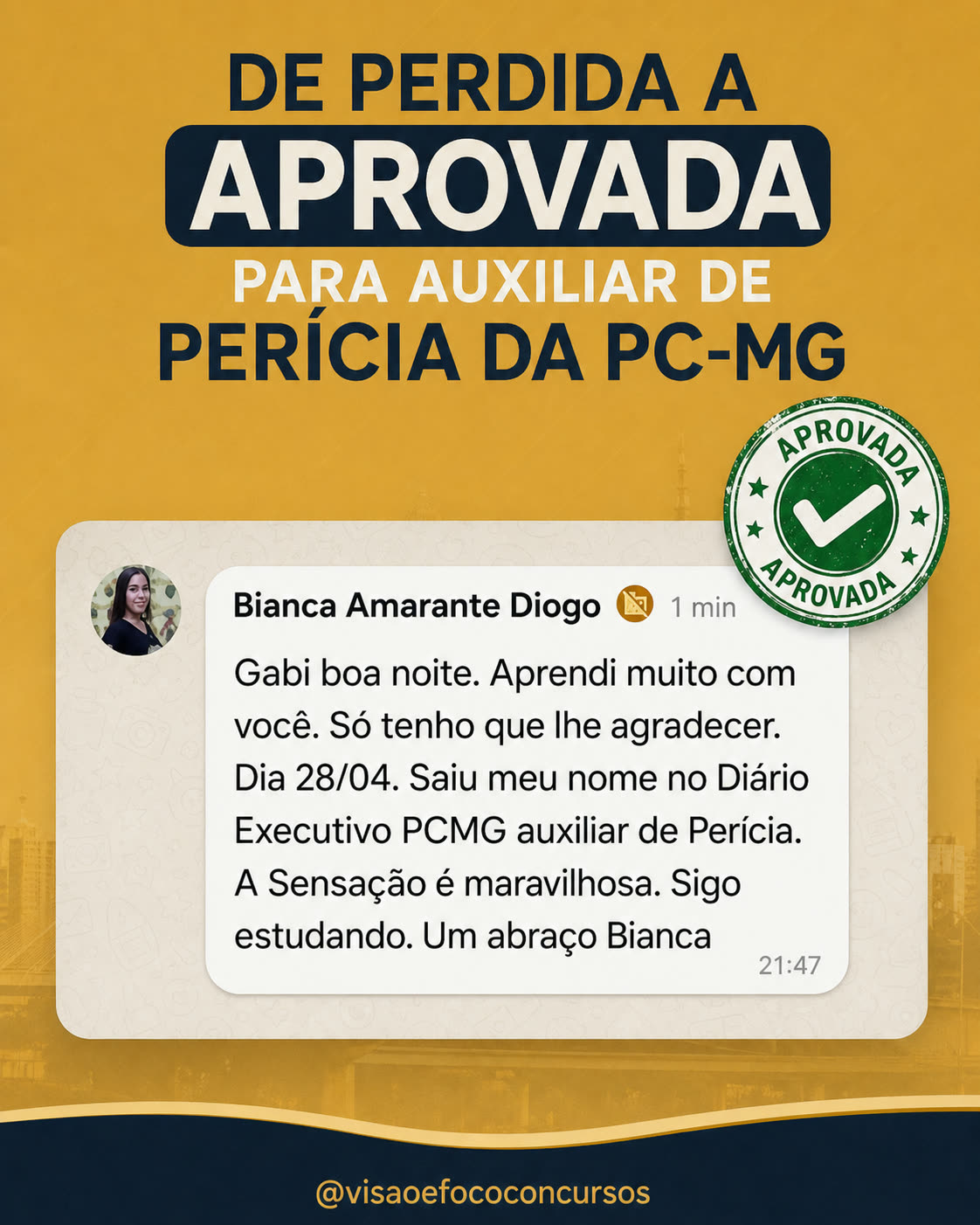 Bianca, aprovada Auxiliar de Perícia da PC-MG